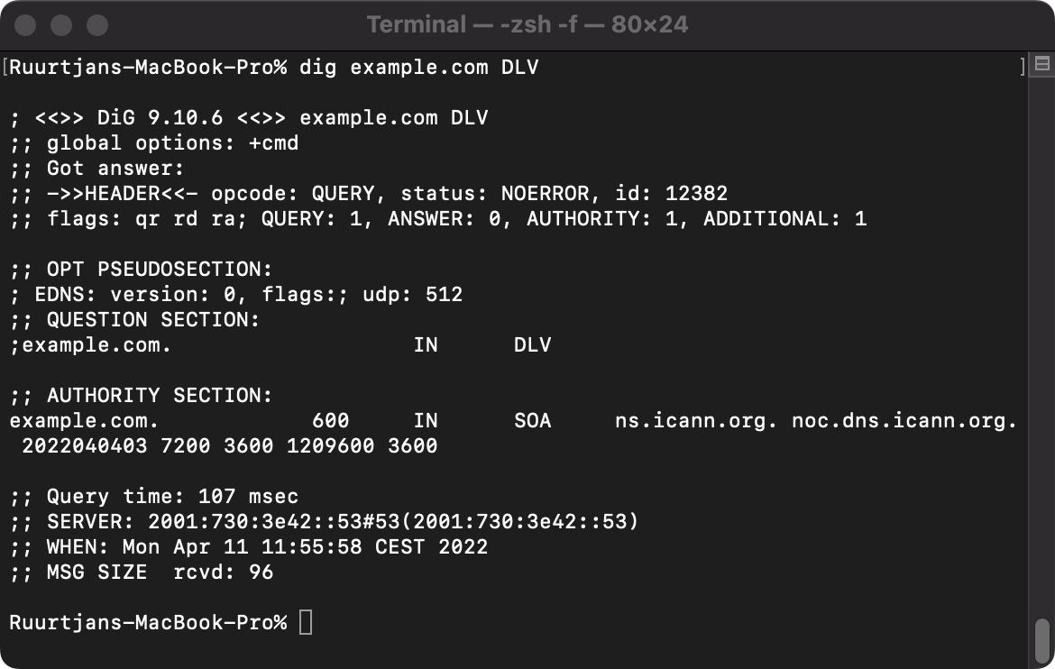 Example output of a DLV lookup query